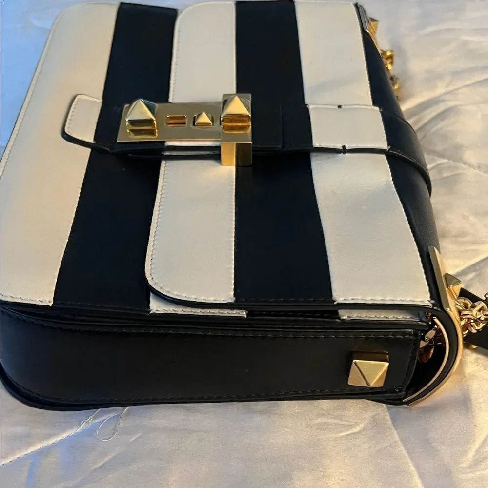Valentino Garavani Napa Striped B-Rockstud Shoulder Bag with Gold Chain Strap